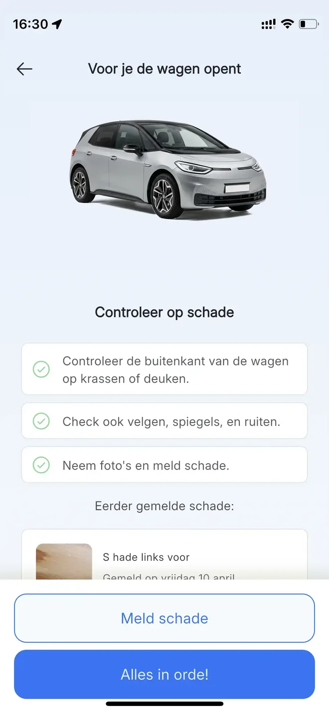 Appscherm met de schadecheck en eerder gemelde schade