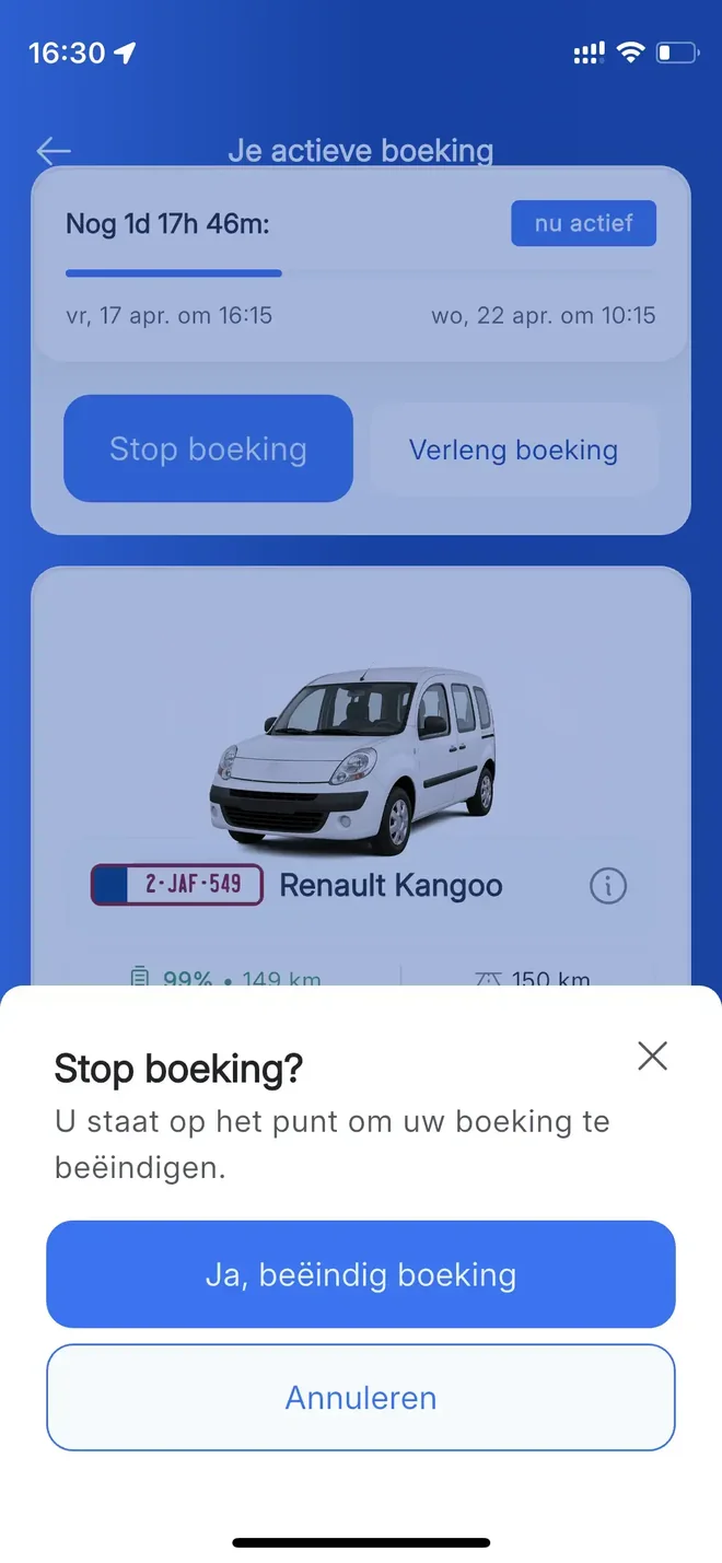 Appscherm met de actieve boeking en de knop om ze te beëindigen