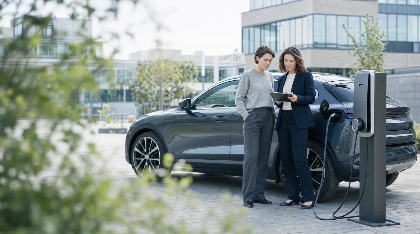 Twee collega's bekijken samen cijfers op een tablet bij een elektrische wagen aan de laadpaal