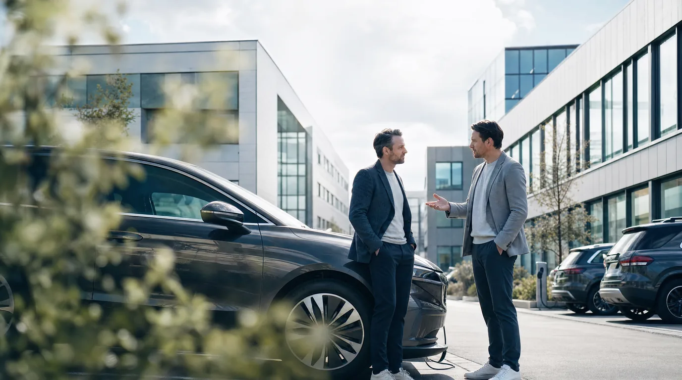 Twee collega's in gesprek naast een elektrische bedrijfswagen