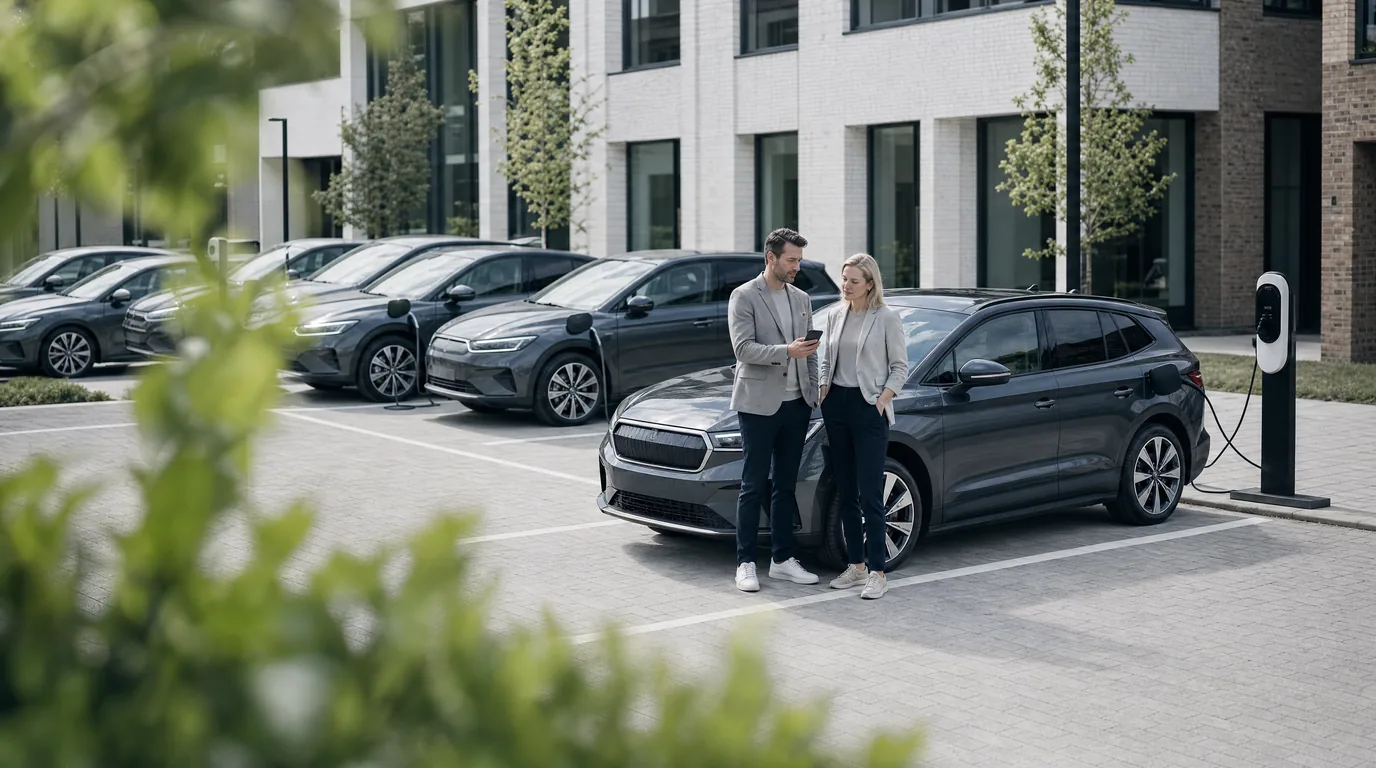 Twee collega's kijken samen op de smartphone bij een elektrische bedrijfswagen aan de laadpaal