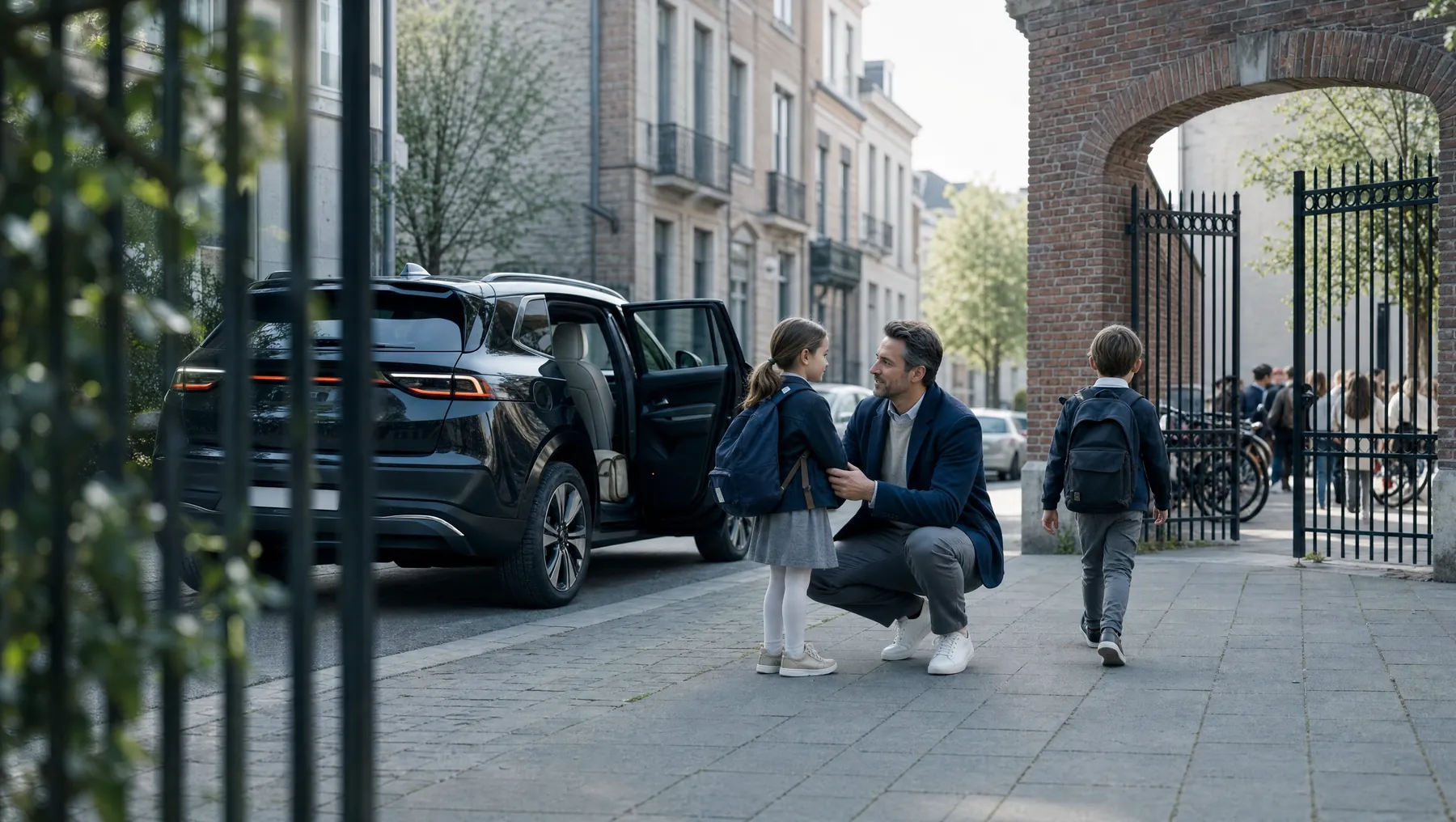 Medewerker zet zijn kinderen af aan de schoolpoort met de gedeelde wagen