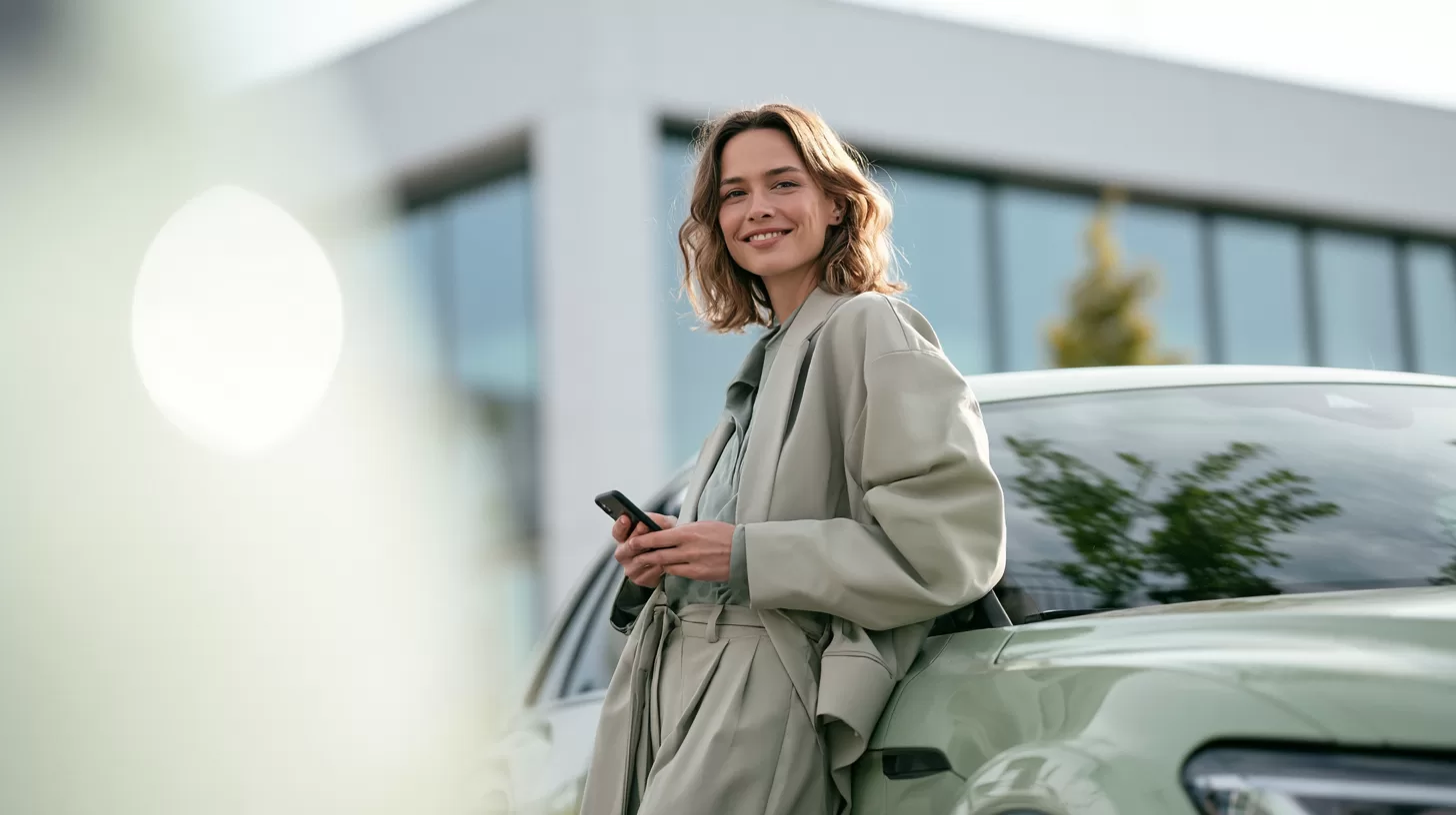Zakelijke medewerker bij haar elektrische bedrijfswagen voor een kantoorgebouw