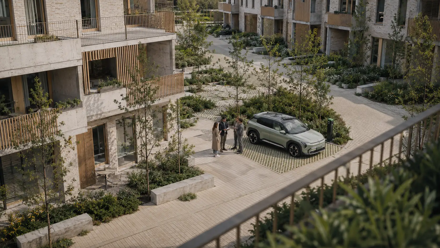 Elektrische deelwagen aan een nieuw woonproject