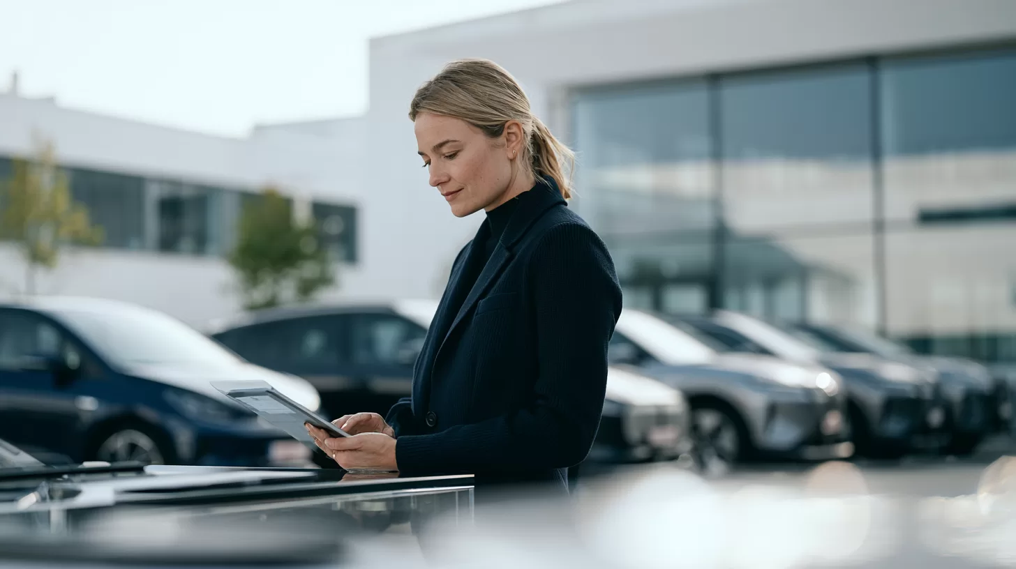 Medewerker kiest de vloot op een tablet, bedrijfswagens op de achtergrond